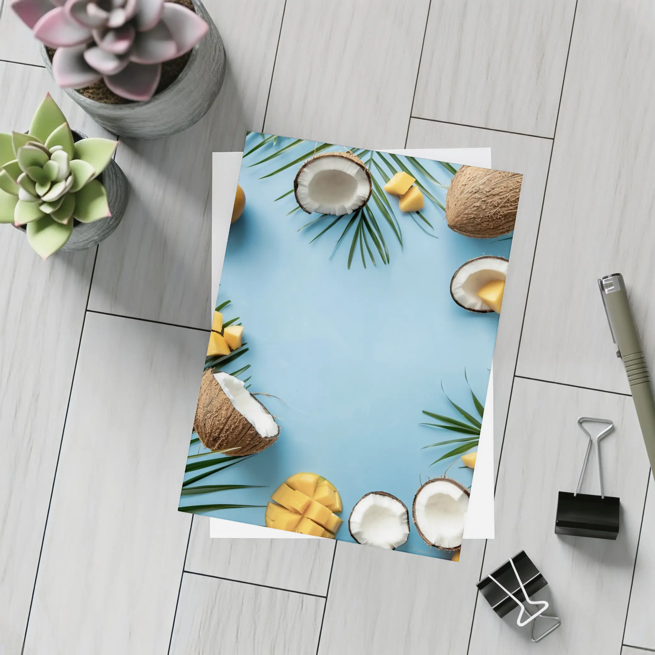 Coconuts and Mango on Blue Background – Postcards