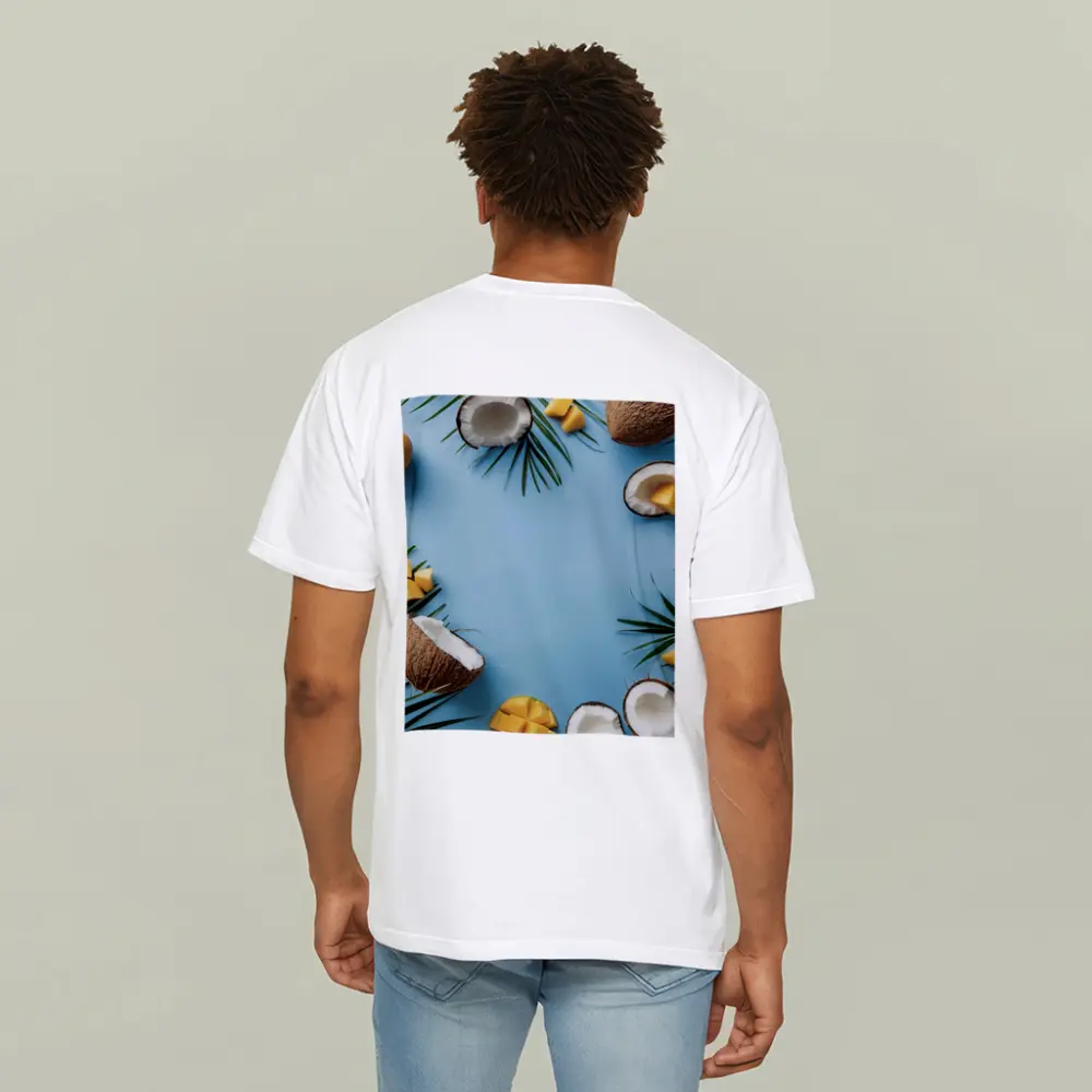 Coconuts and Mango on Blue Background – T-Shirts