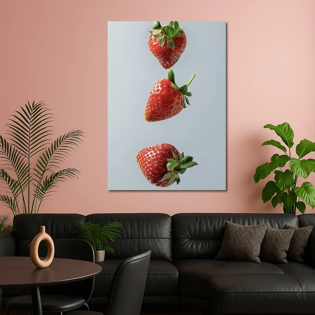 Three Red Strawberries Falling Gray Background – Wall Art