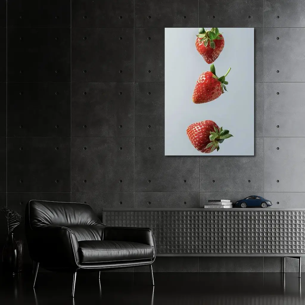 Three Red Strawberries Falling Gray Background – Wall Art