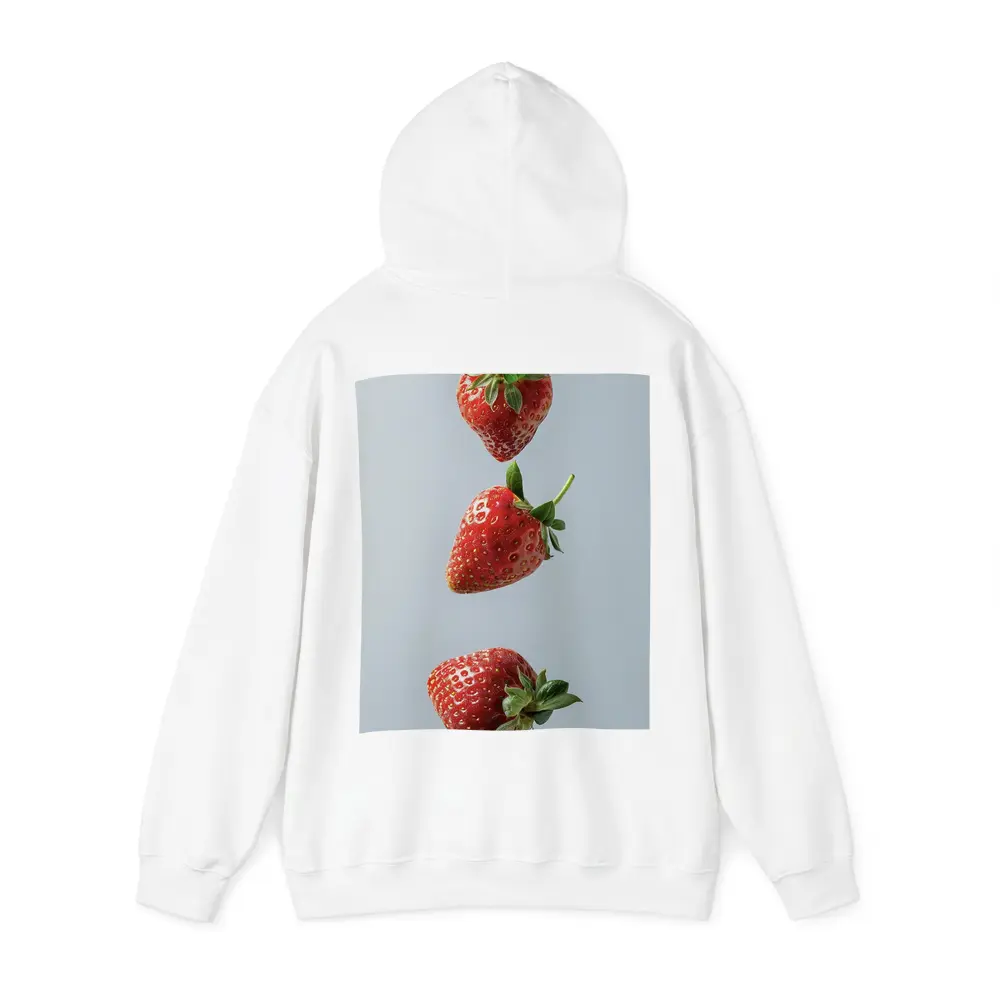 Three Red Strawberries Falling Gray Background – Hoodies