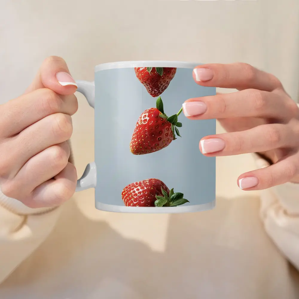 Three Red Strawberries Falling Gray Background – Mugs