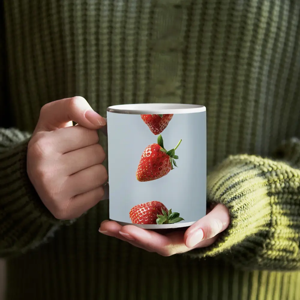 Three Red Strawberries Falling Gray Background – Mugs