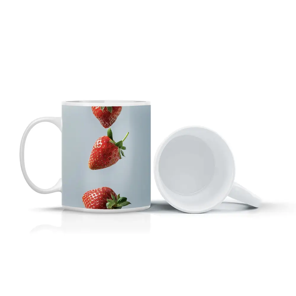 Three Red Strawberries Falling Gray Background – Mugs