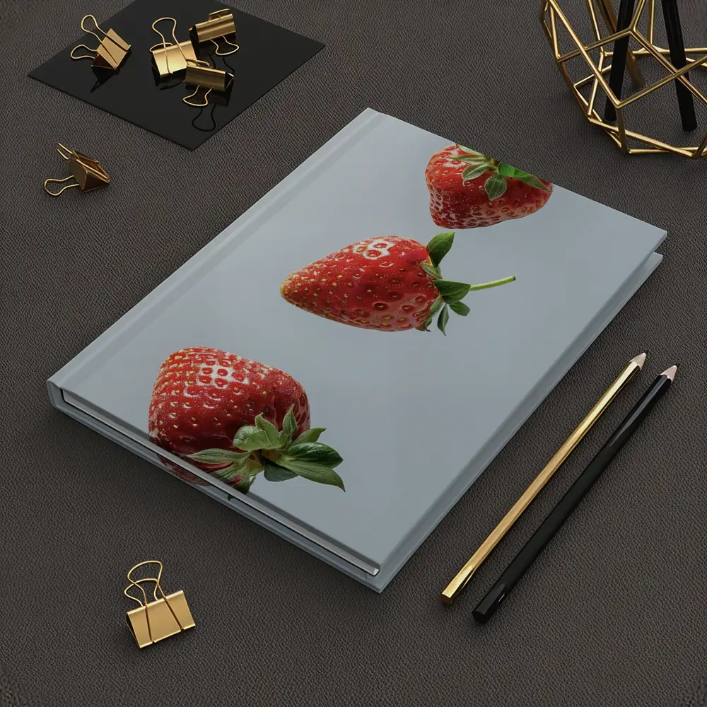 Three Red Strawberries Falling Gray Background – Notebooks