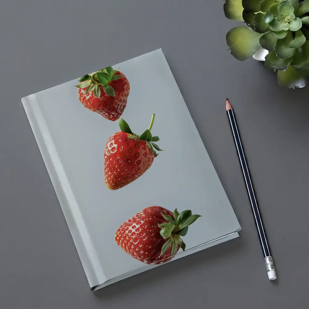 Three Red Strawberries Falling Gray Background – Notebooks