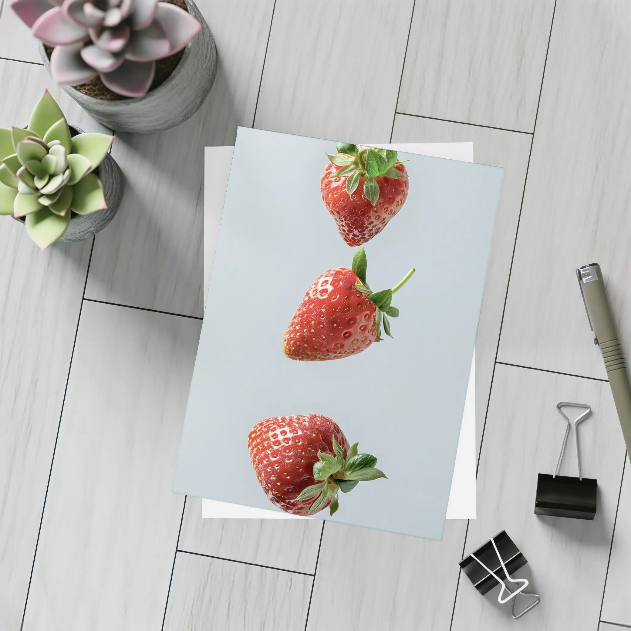 Three Red Strawberries Falling Gray Background – Postcards