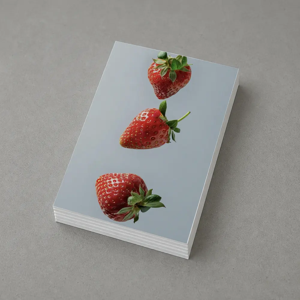 Three Red Strawberries Falling Gray Background – Postcards