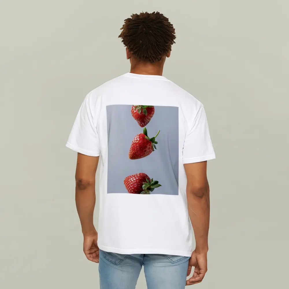 Three Red Strawberries Falling Gray Background – T-Shirts