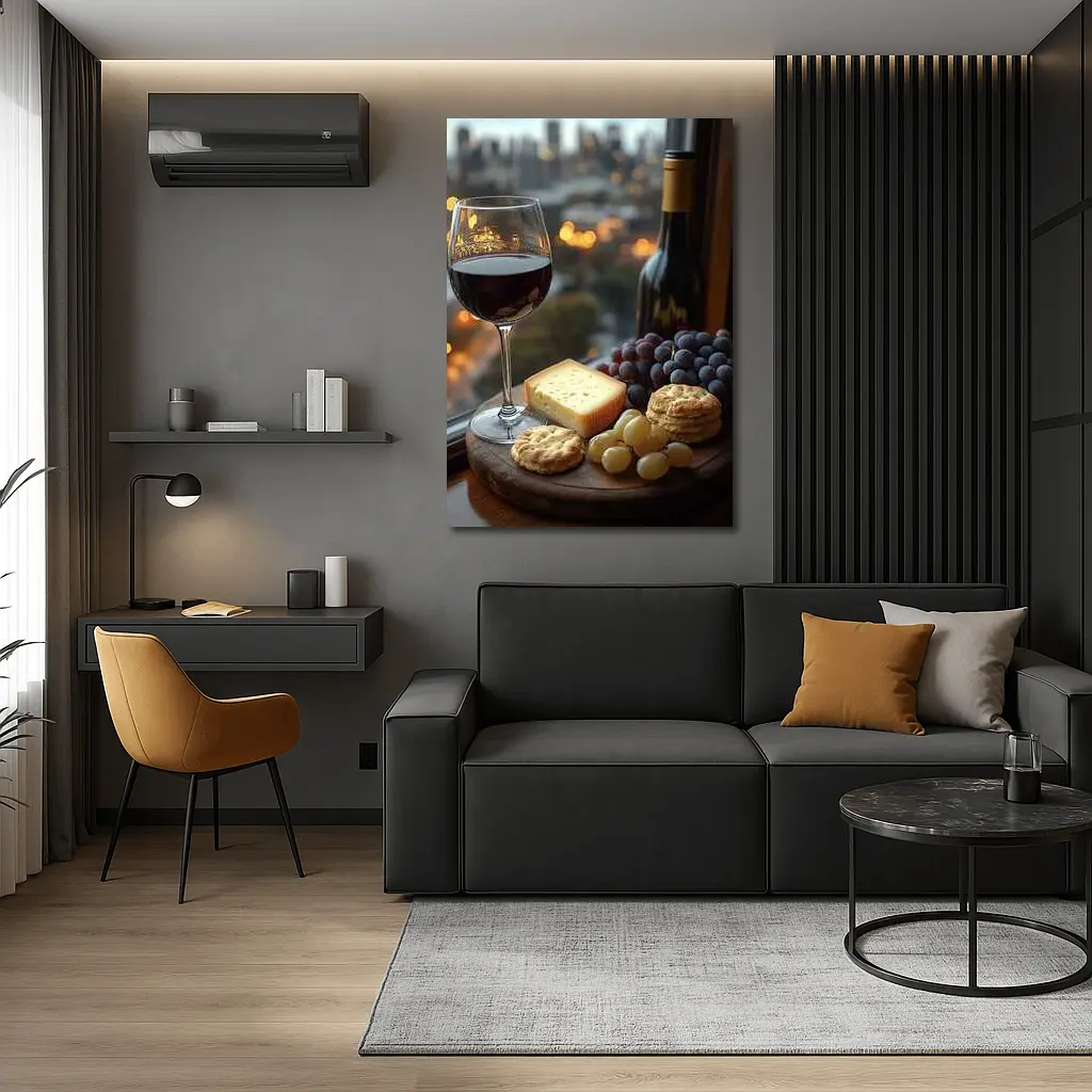 Red Wine Glass Cheese Board City View – Wall Art