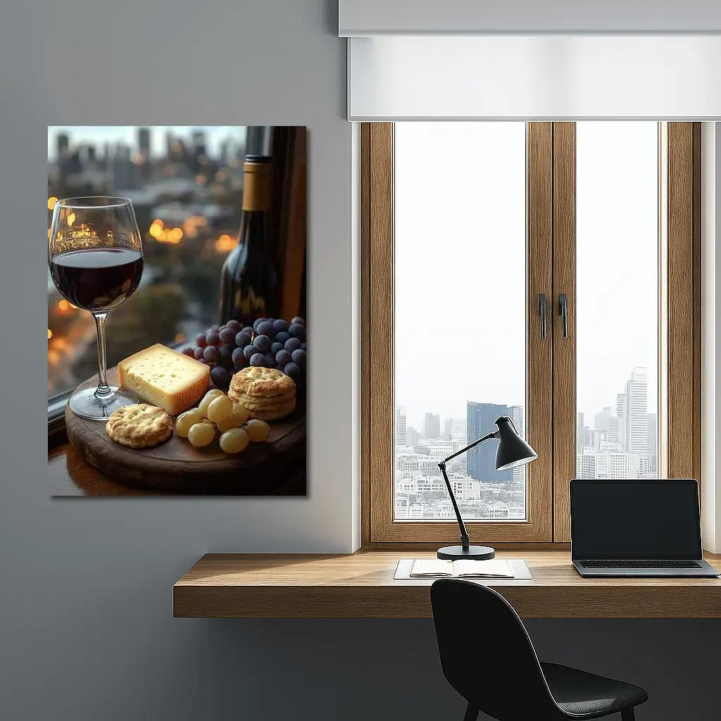 Red Wine Glass Cheese Board City View – Wall Art