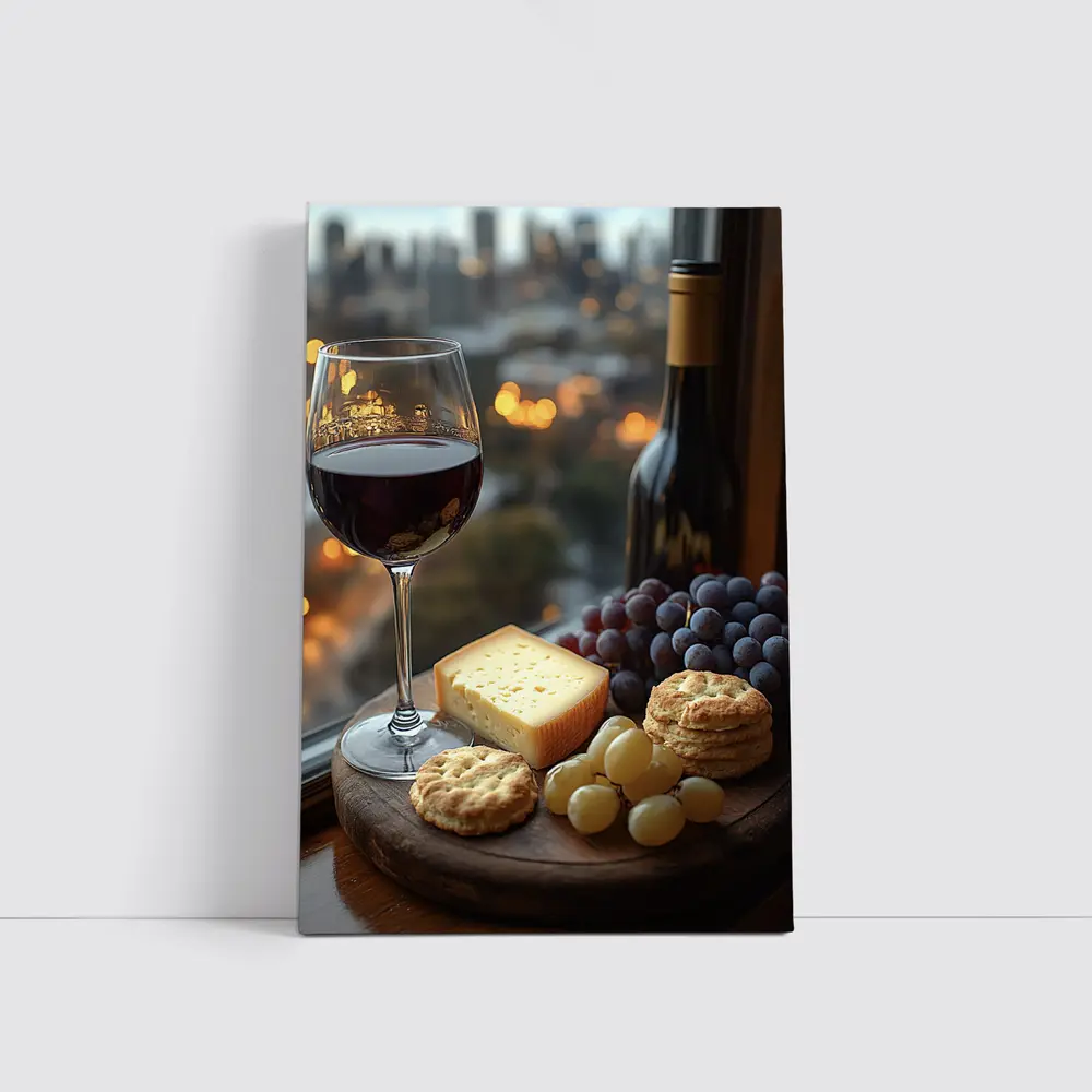 Red Wine Glass Cheese Board City View – Wall Art