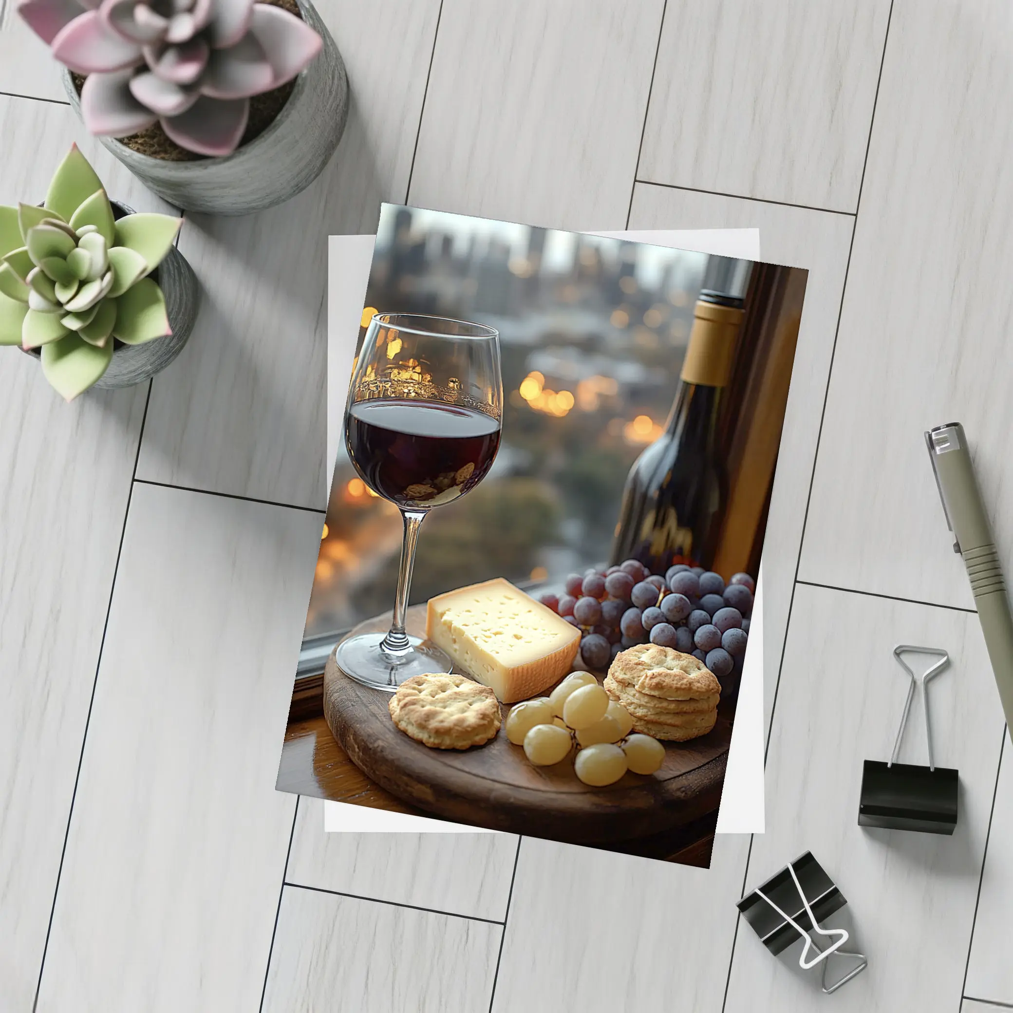 Red Wine Glass Cheese Board City View – Postcards