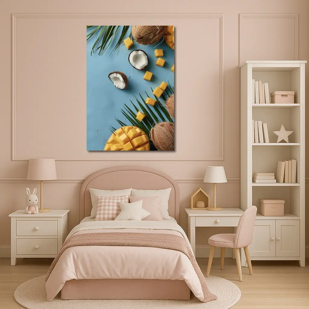 Coconut Mango Tropical Fruits Blue Background – Wall Art