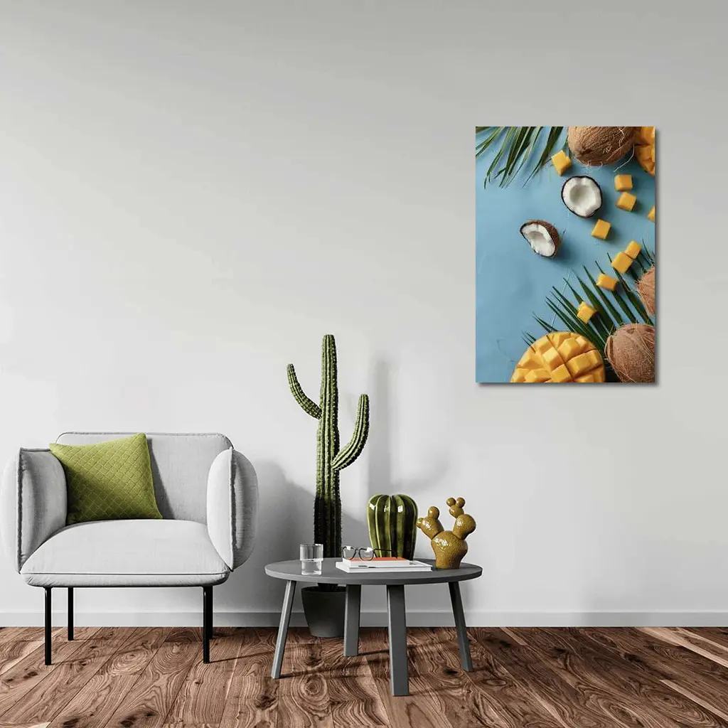 Coconut Mango Tropical Fruits Blue Background – Wall Art