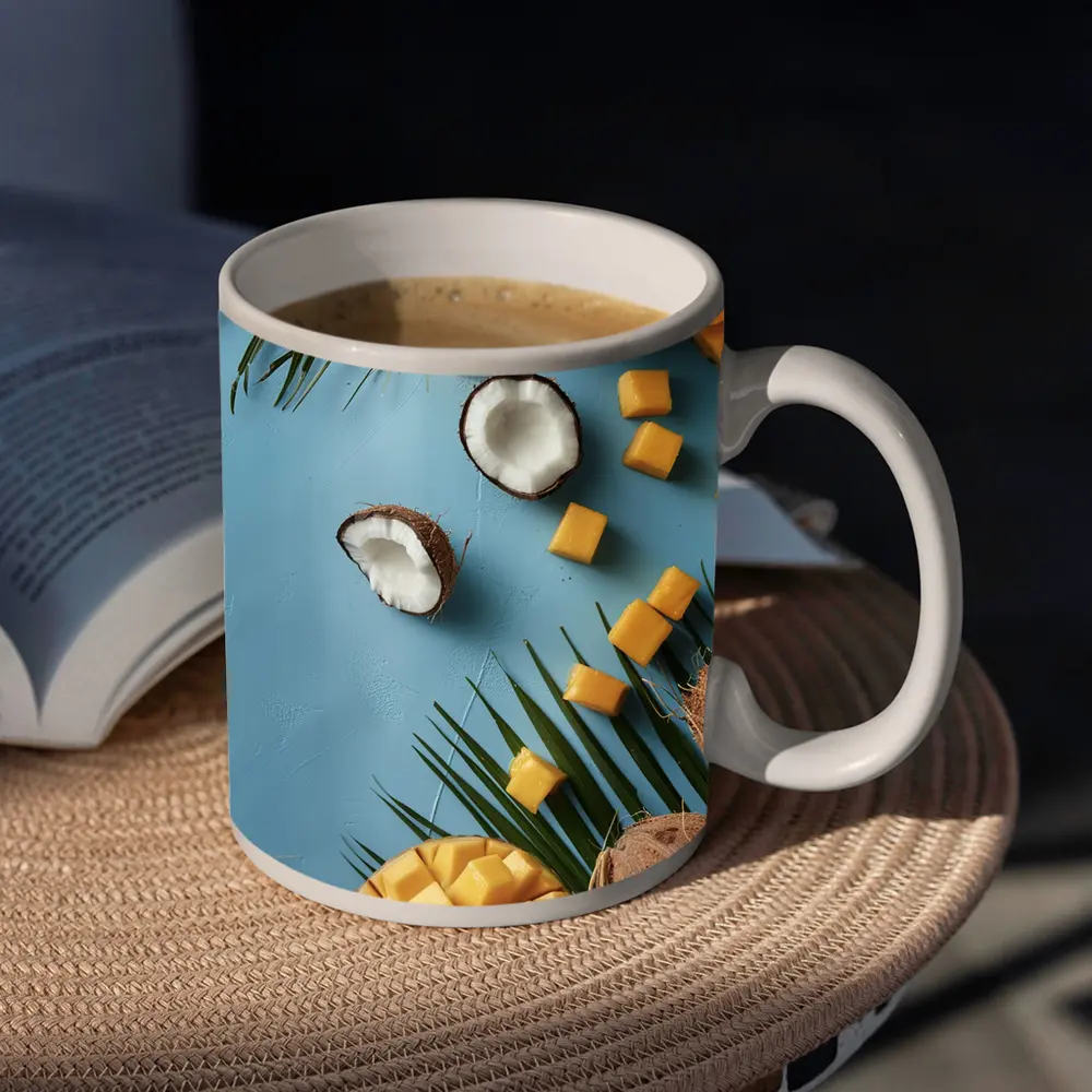 Coconut Mango Tropical Fruits Blue Background – Mugs