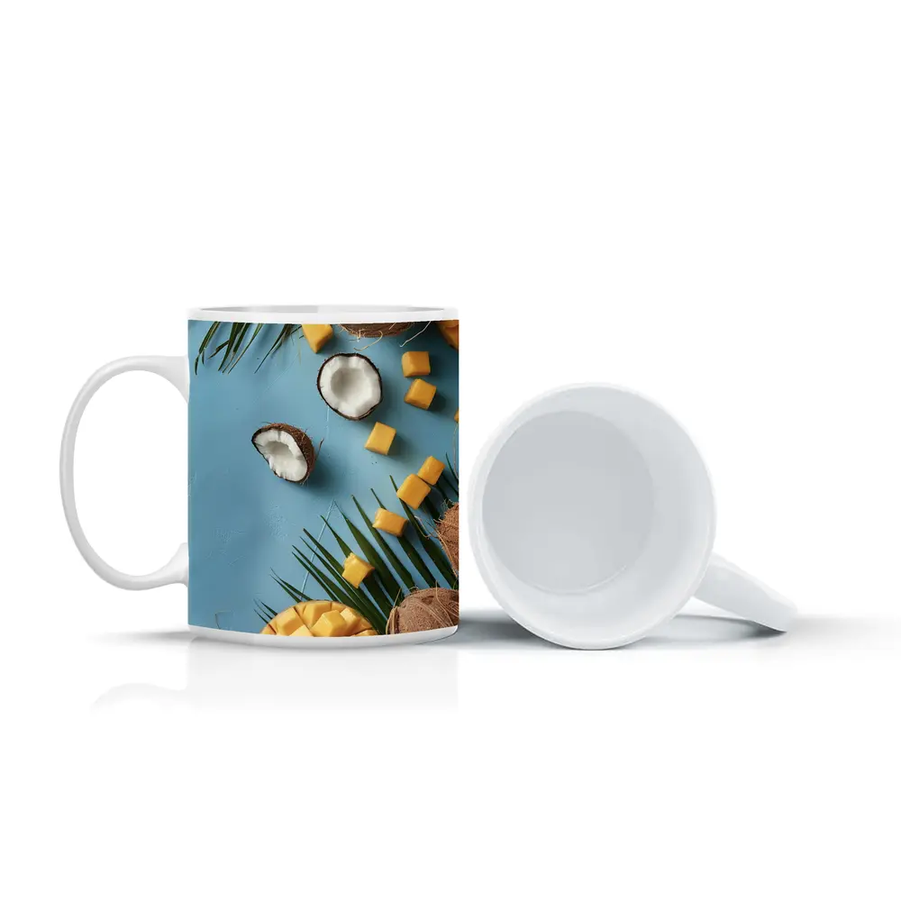 Coconut Mango Tropical Fruits Blue Background – Mugs