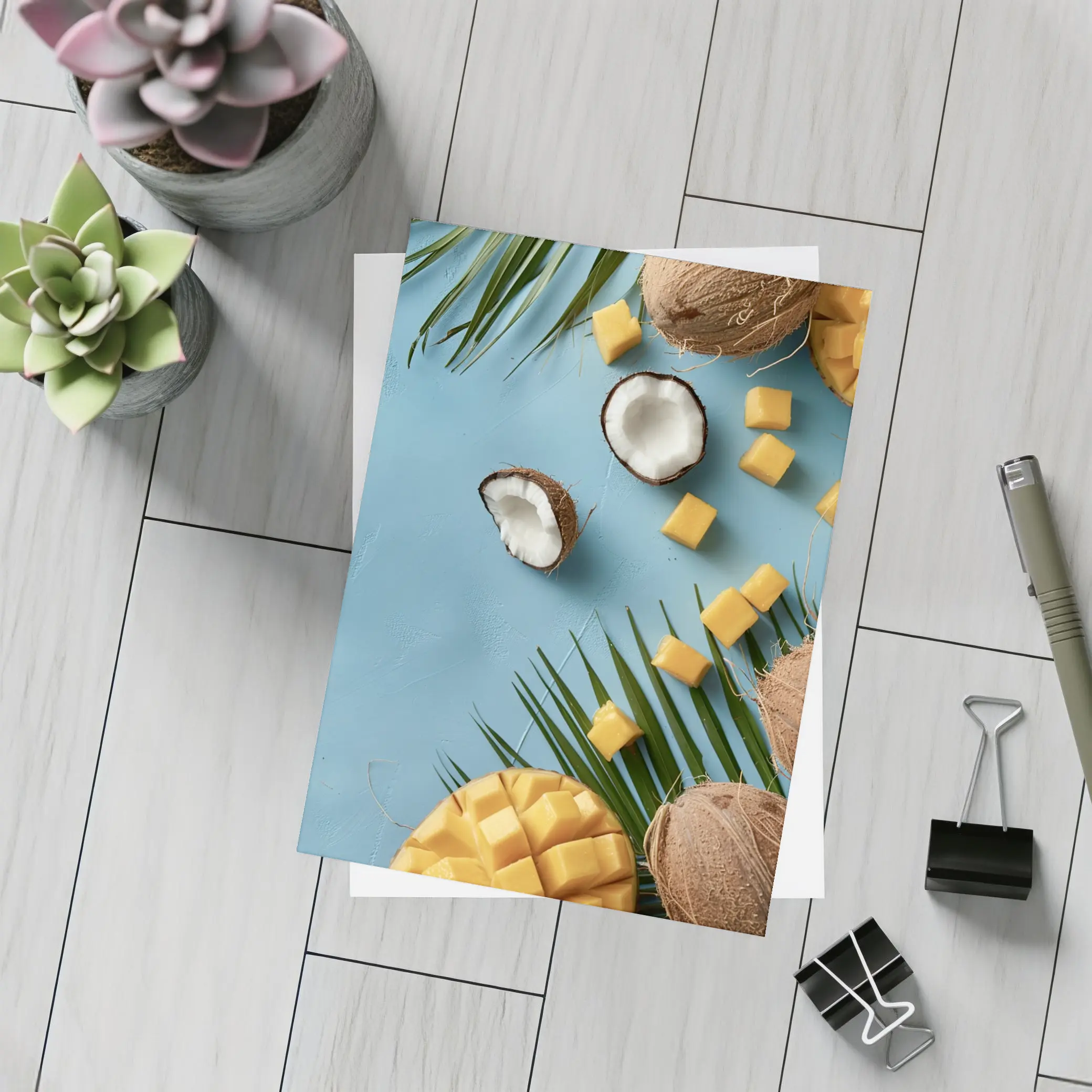 Coconut Mango Tropical Fruits Blue Background – Postcards