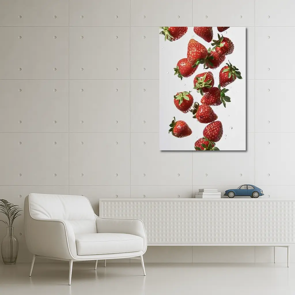 Fresh Red Strawberries Falling on White – Wall Art
