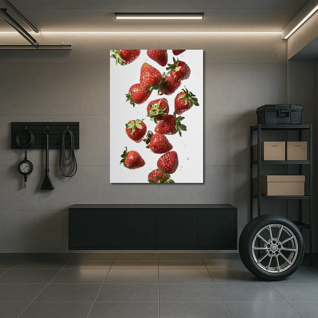 Fresh Red Strawberries Falling on White – Wall Art