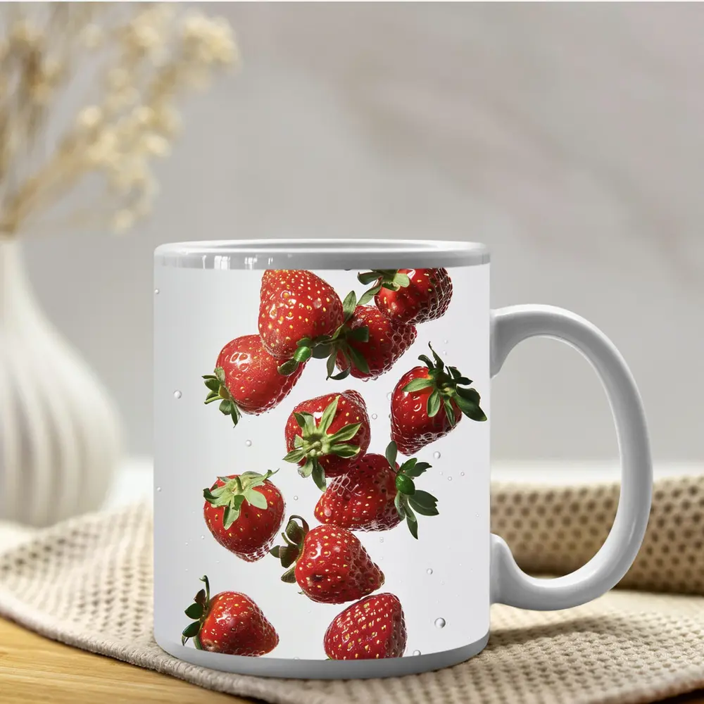 Fresh Red Strawberries Falling on White – Mugs
