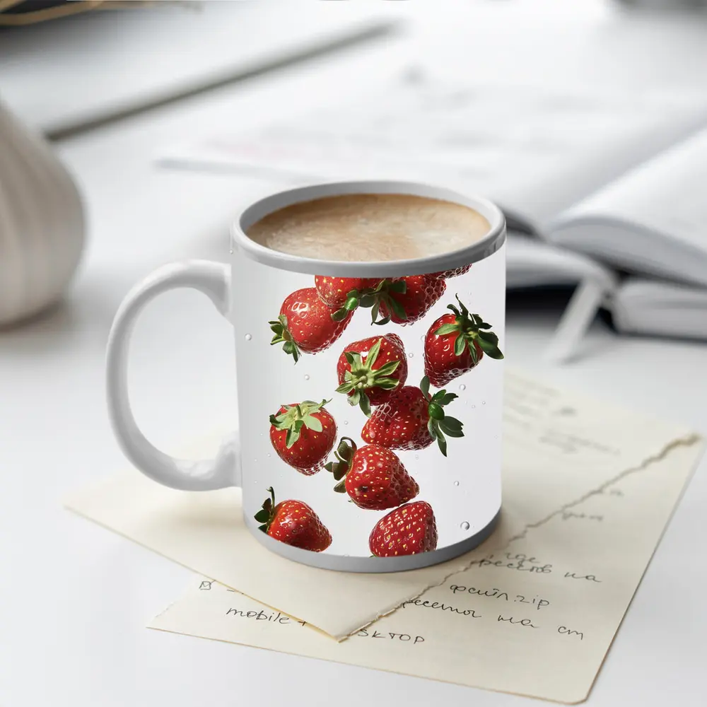 Fresh Red Strawberries Falling on White – Mugs