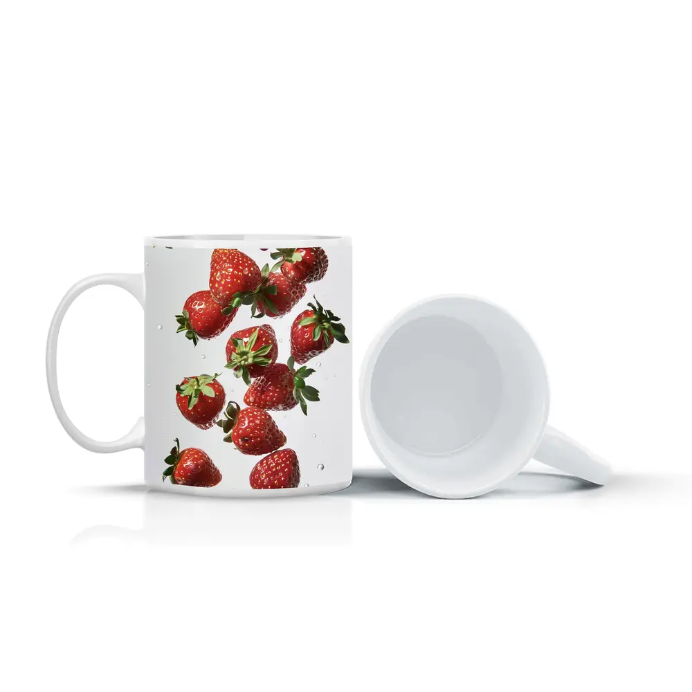 Fresh Red Strawberries Falling on White – Mugs