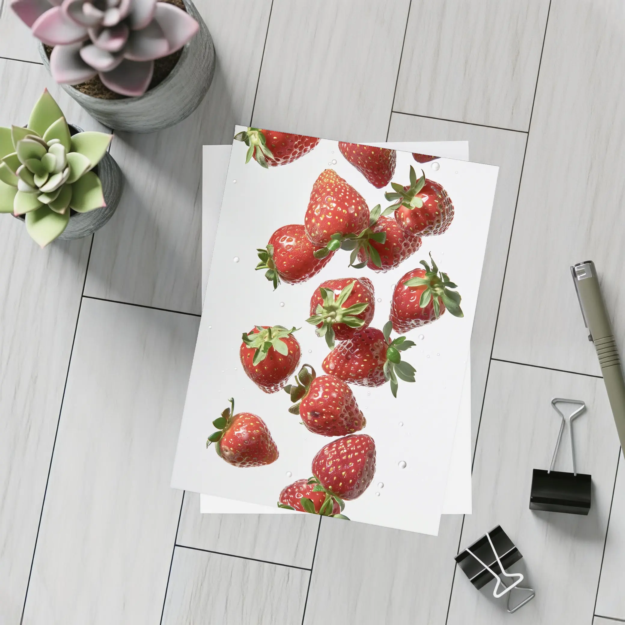 Fresh Red Strawberries Falling on White – Postcards