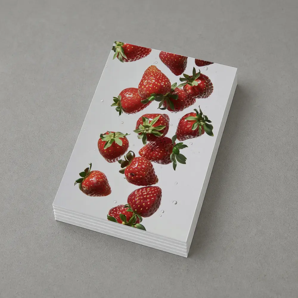 Fresh Red Strawberries Falling on White – Postcards