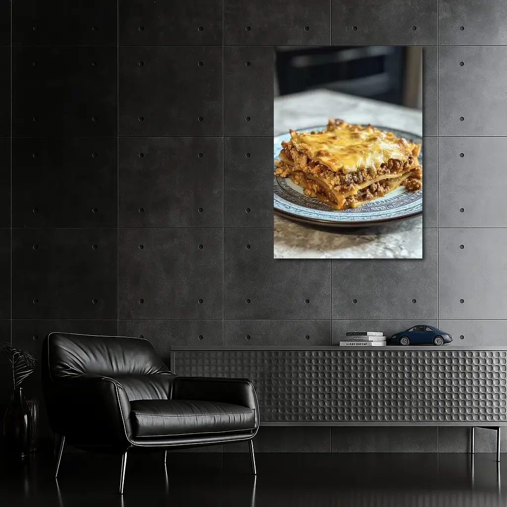 Meaty Lasagna Slice On Marble Table – Wall Art
