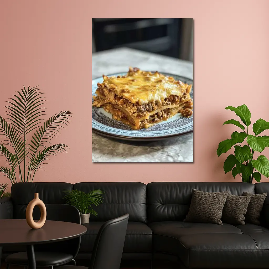 Meaty Lasagna Slice On Marble Table – Wall Art