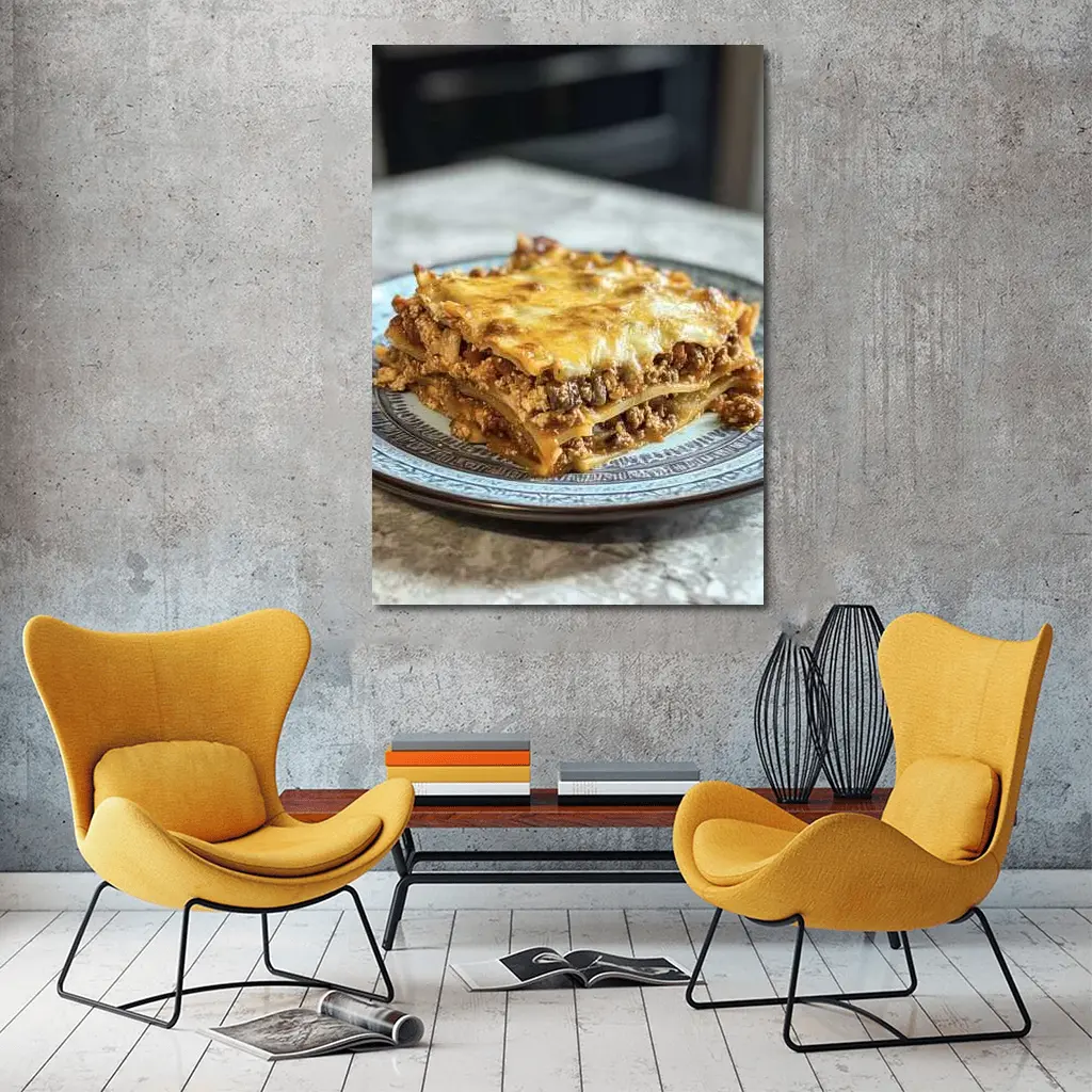 Meaty Lasagna Slice On Marble Table – Wall Art