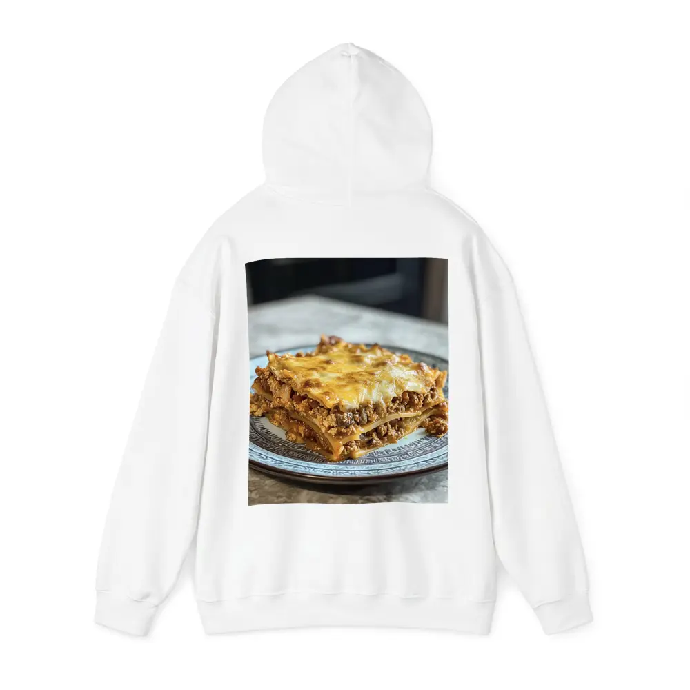 Meaty Lasagna Slice On Marble Table – Hoodies