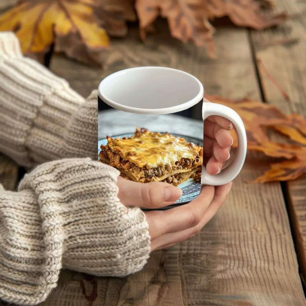 Meaty Lasagna Slice On Marble Table – Mugs