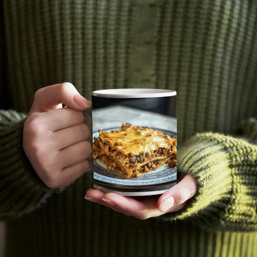 Meaty Lasagna Slice On Marble Table – Mugs