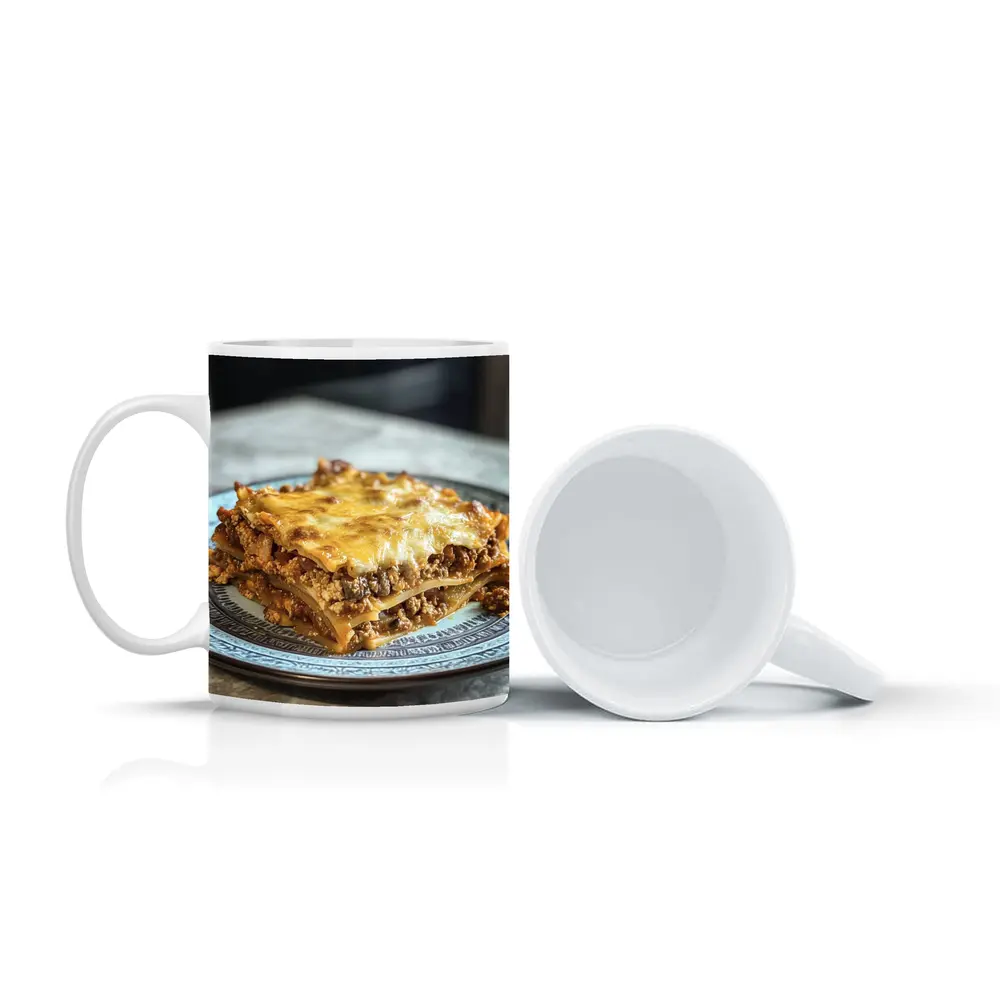 Meaty Lasagna Slice On Marble Table – Mugs