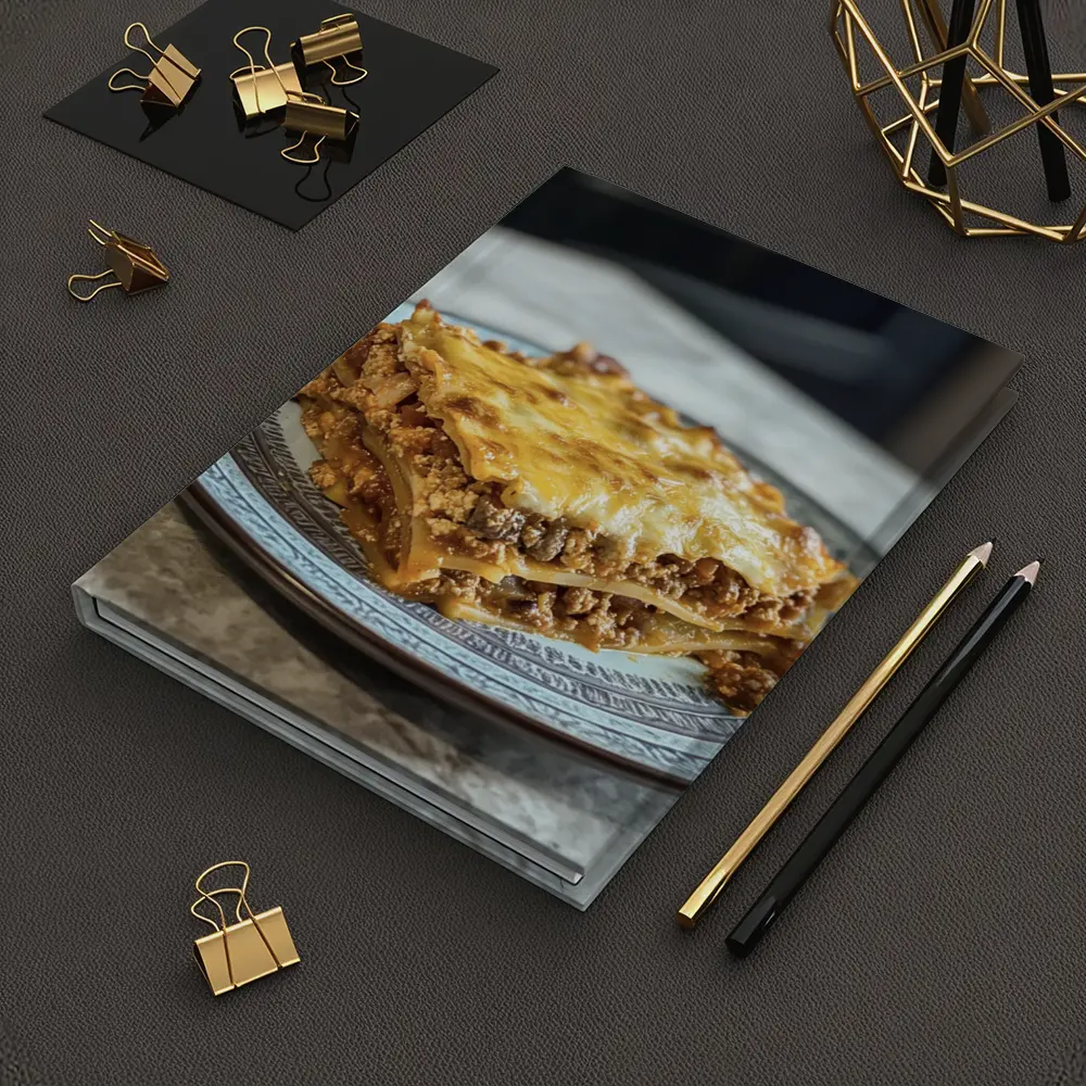 Meaty Lasagna Slice On Marble Table – Notebooks