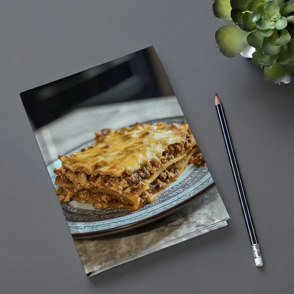 Meaty Lasagna Slice On Marble Table – Notebooks