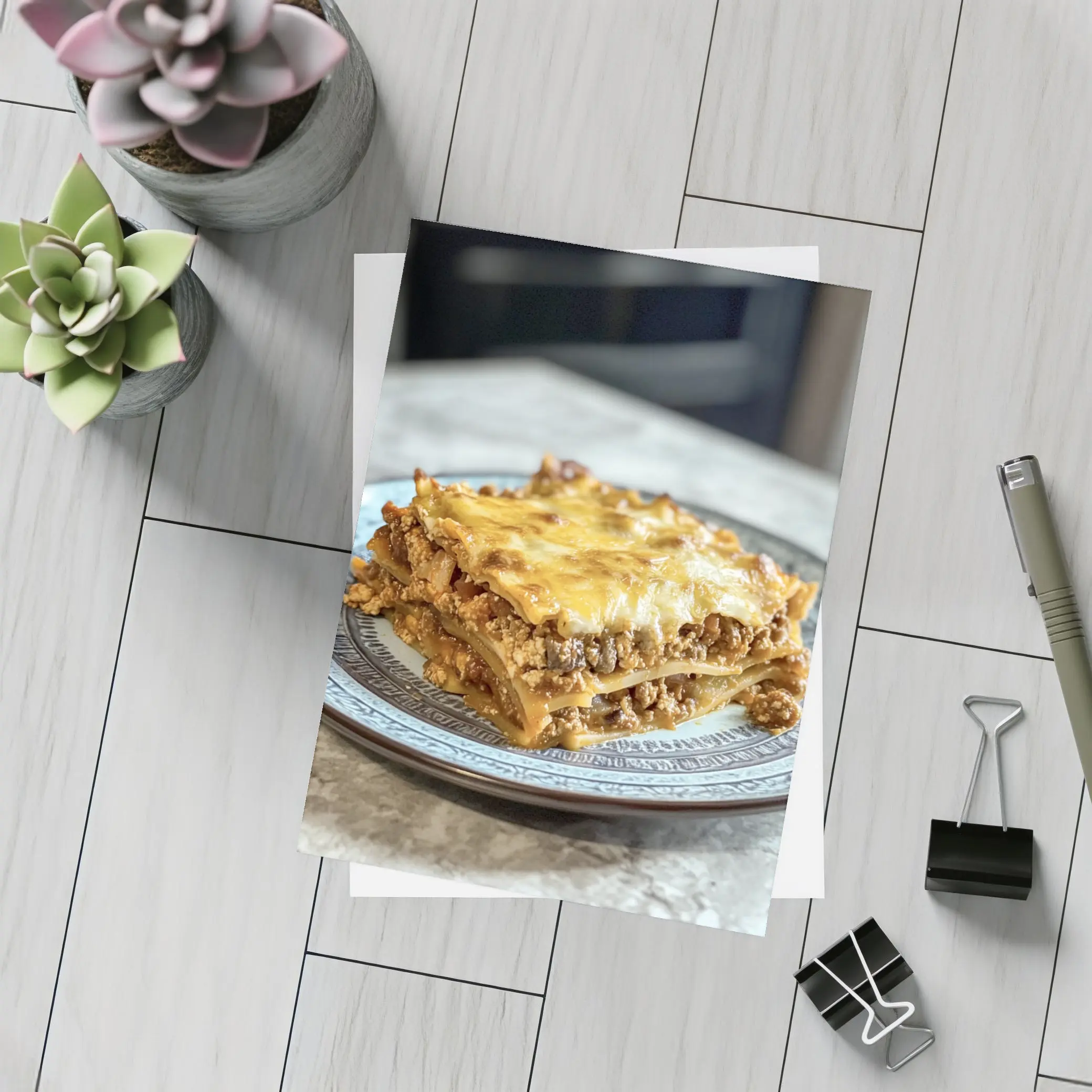 Meaty Lasagna Slice On Marble Table – Postcards