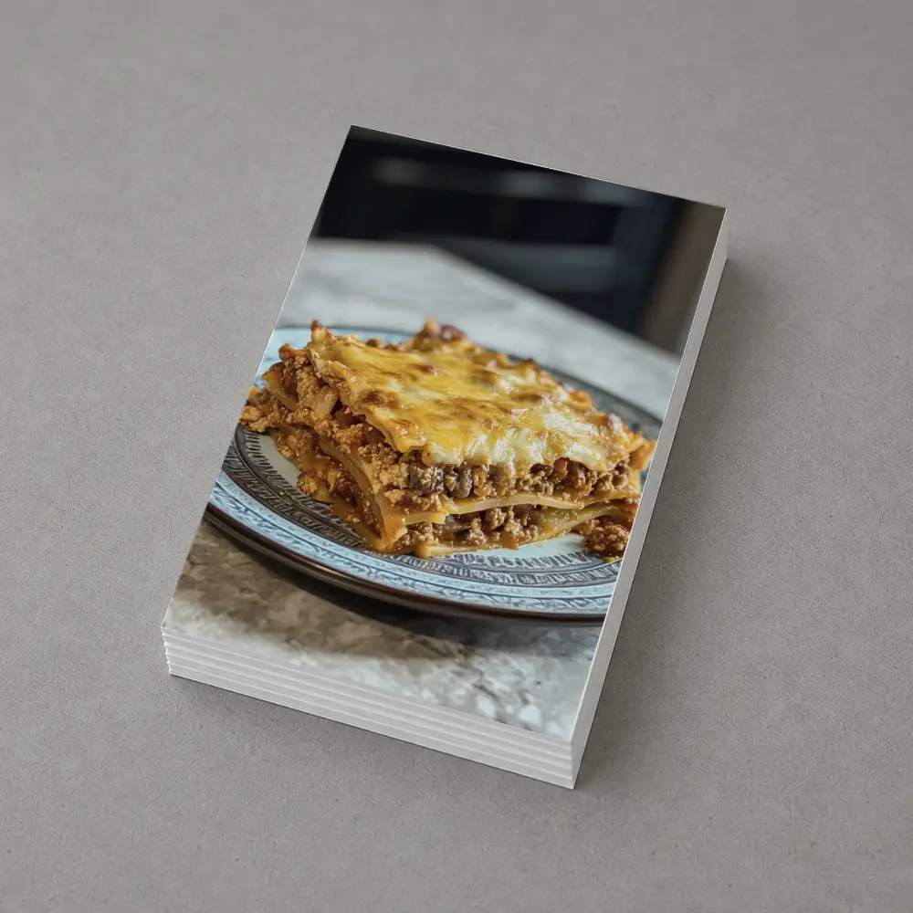 Meaty Lasagna Slice On Marble Table – Postcards