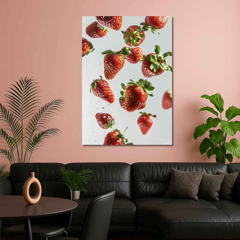 Fresh Red Strawberries Falling White Background – Wall Art