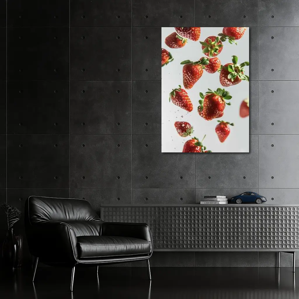 Fresh Red Strawberries Falling White Background – Wall Art