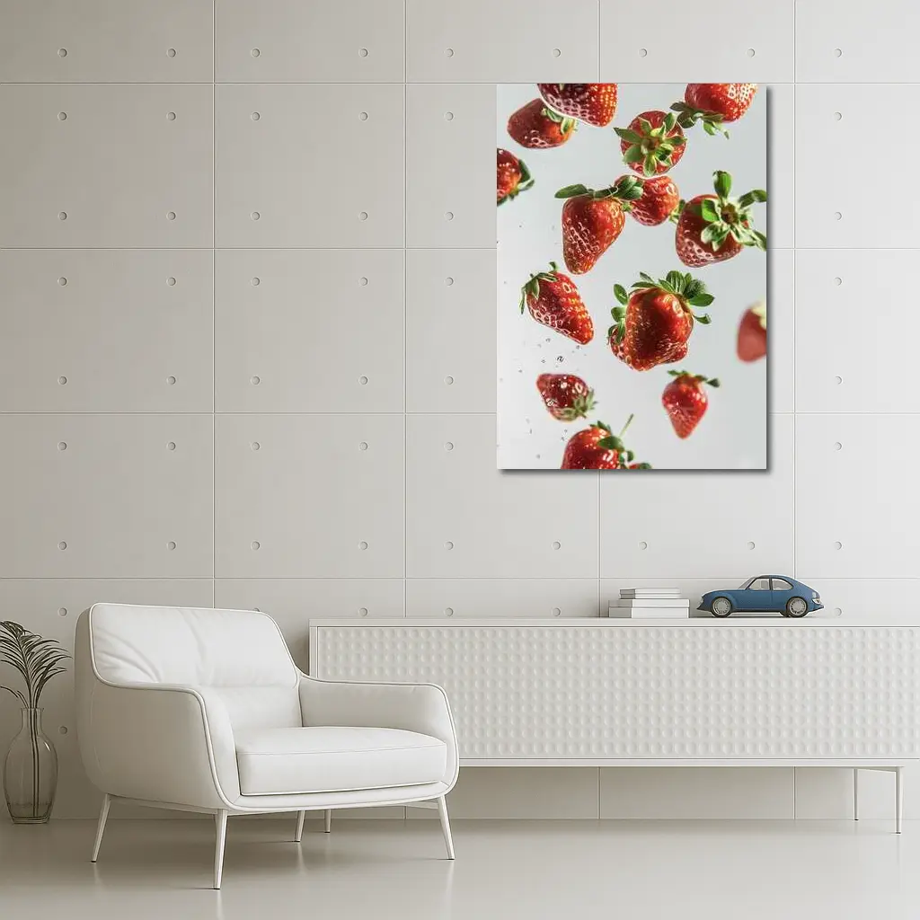 Fresh Red Strawberries Falling White Background – Wall Art