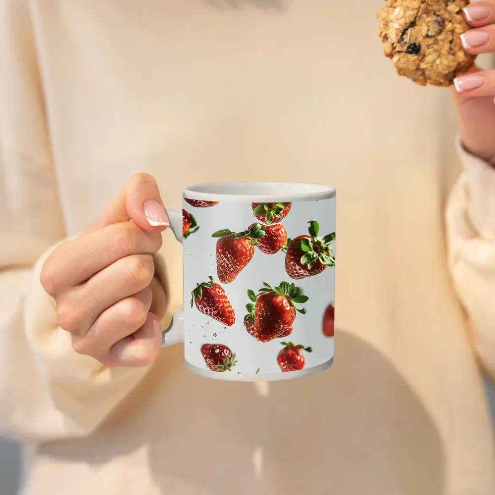 Fresh Red Strawberries Falling White Background – Mugs