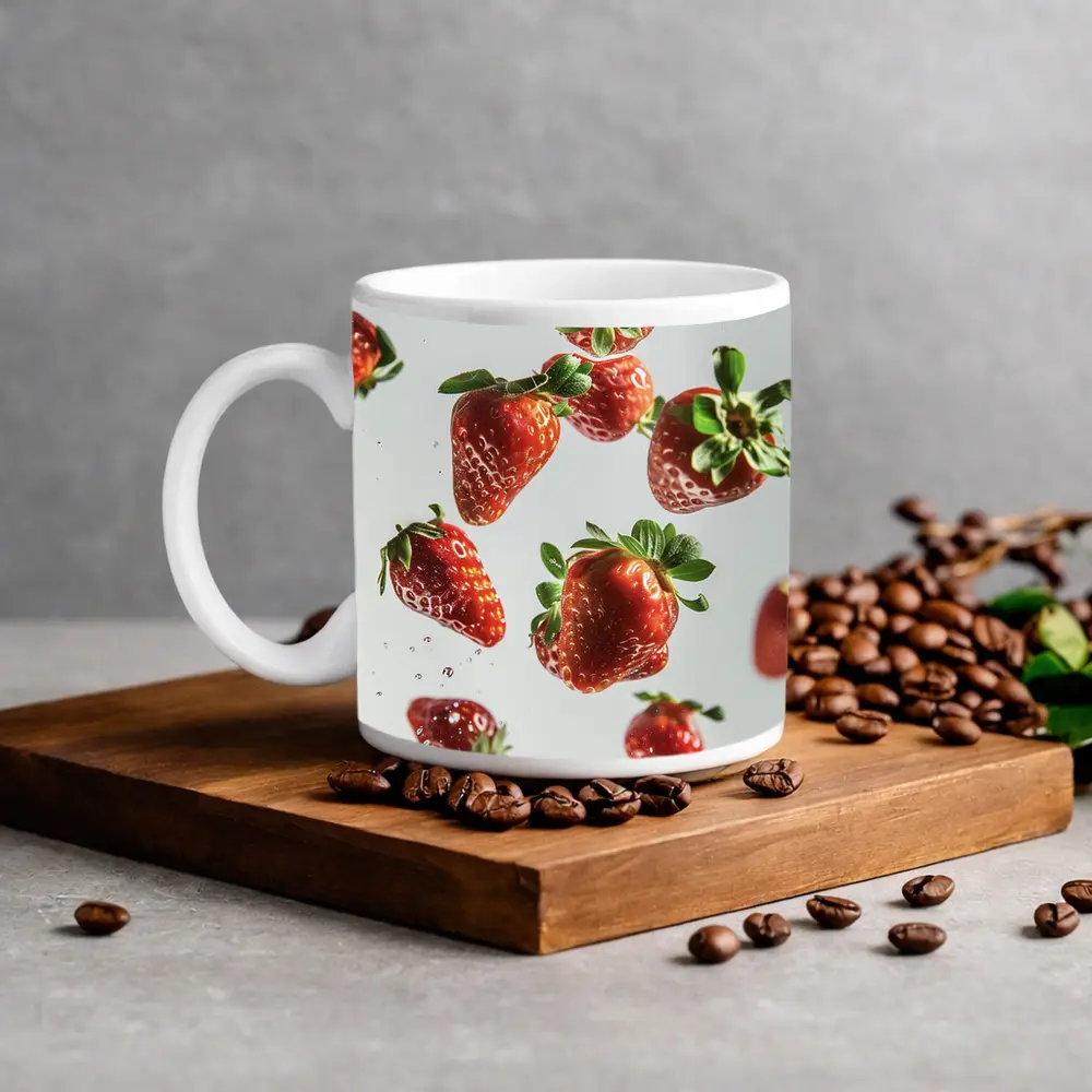 Fresh Red Strawberries Falling White Background – Mugs
