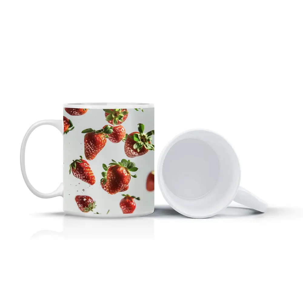 Fresh Red Strawberries Falling White Background – Mugs