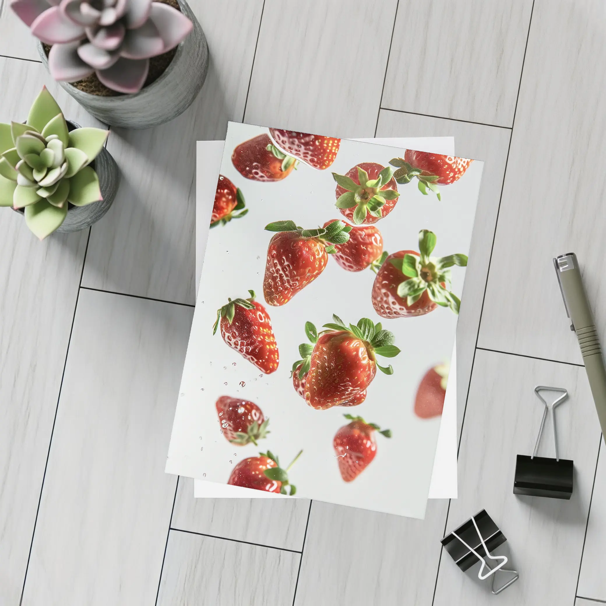 Fresh Red Strawberries Falling White Background – Postcards