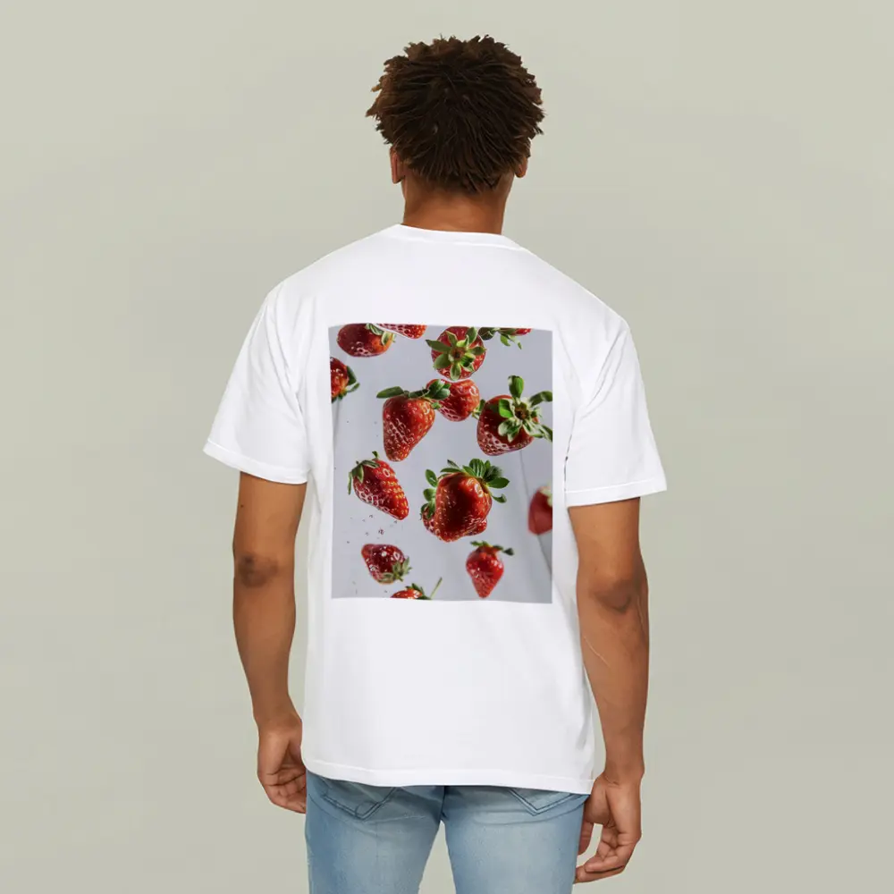 Fresh Red Strawberries Falling White Background – T-Shirts