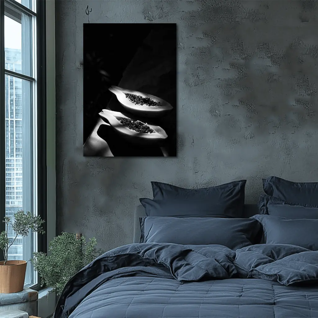 Black And White Papaya Halves Dark Background – Wall Art