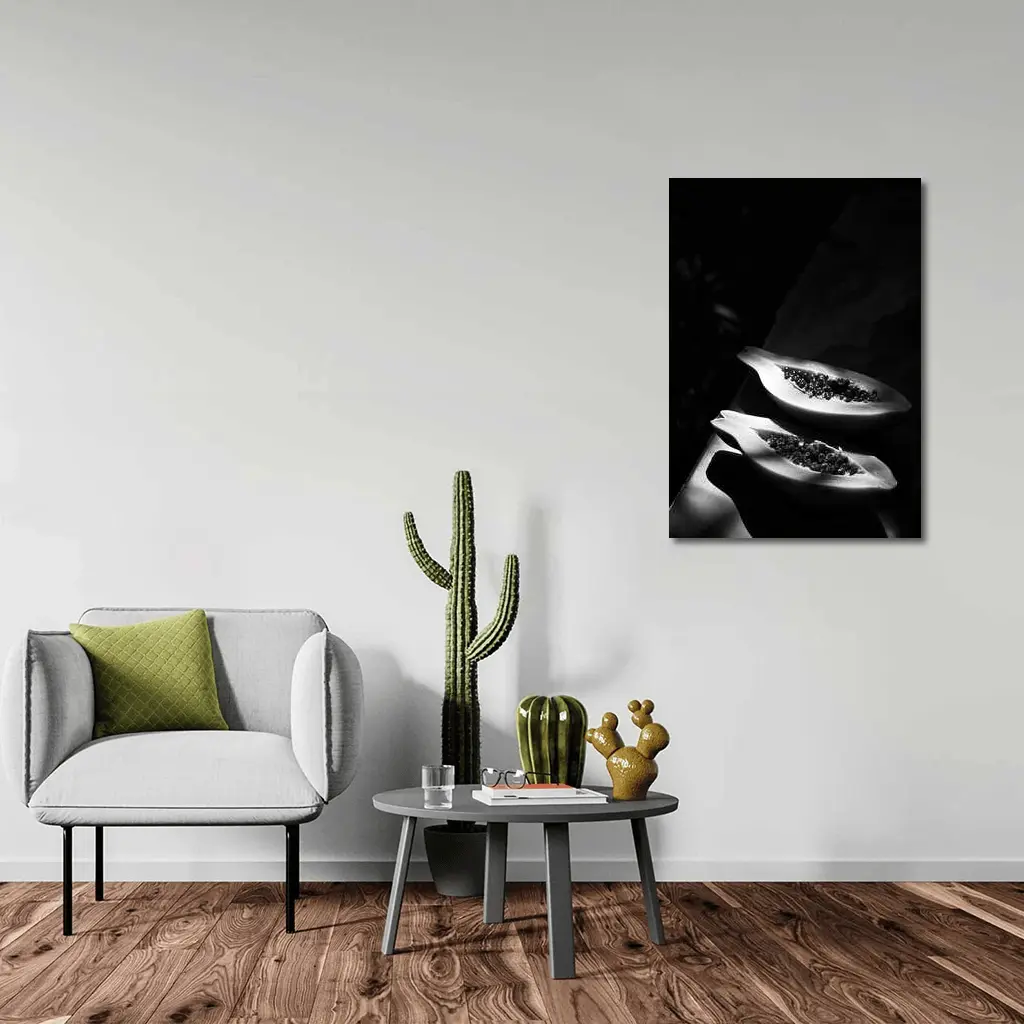 Black And White Papaya Halves Dark Background – Wall Art